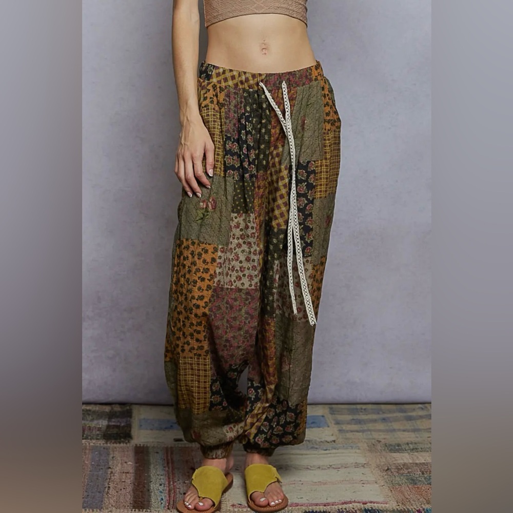 157. Wild Child, Multi Print patchwork joggers, multi, various sizes